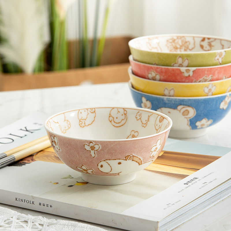 卡通圆形12生肖碗釉下彩陶瓷碗米饭碗面汤碗景德镇日式餐具萌碗