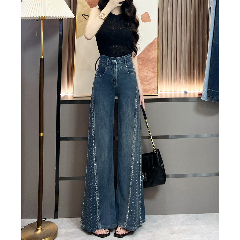 喜绚烫钻阔腿喇叭牛仔裤女2025年春夏新款时尚辣妹水洗蓝直筒裤子