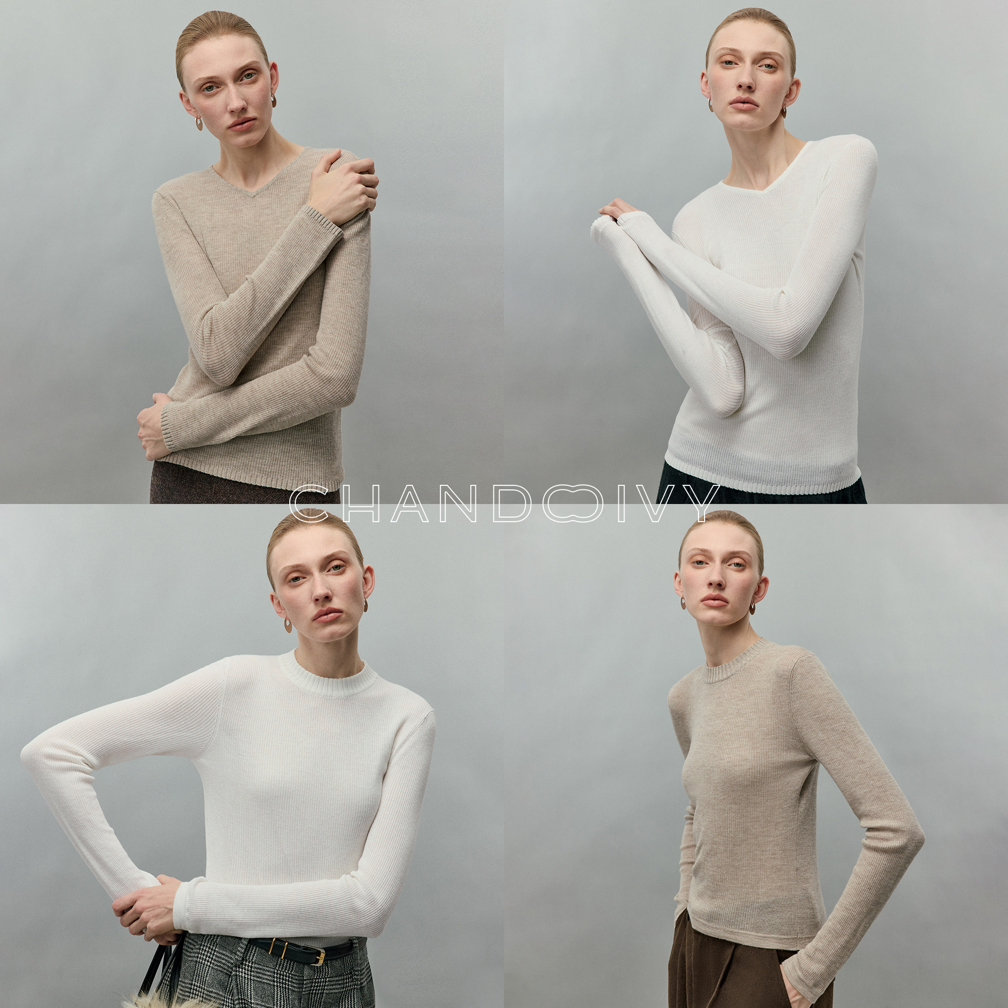 CHANDOOIVY極细18针意大利Cariaggi星羽环保羊毛坑条圆领/V领上衣