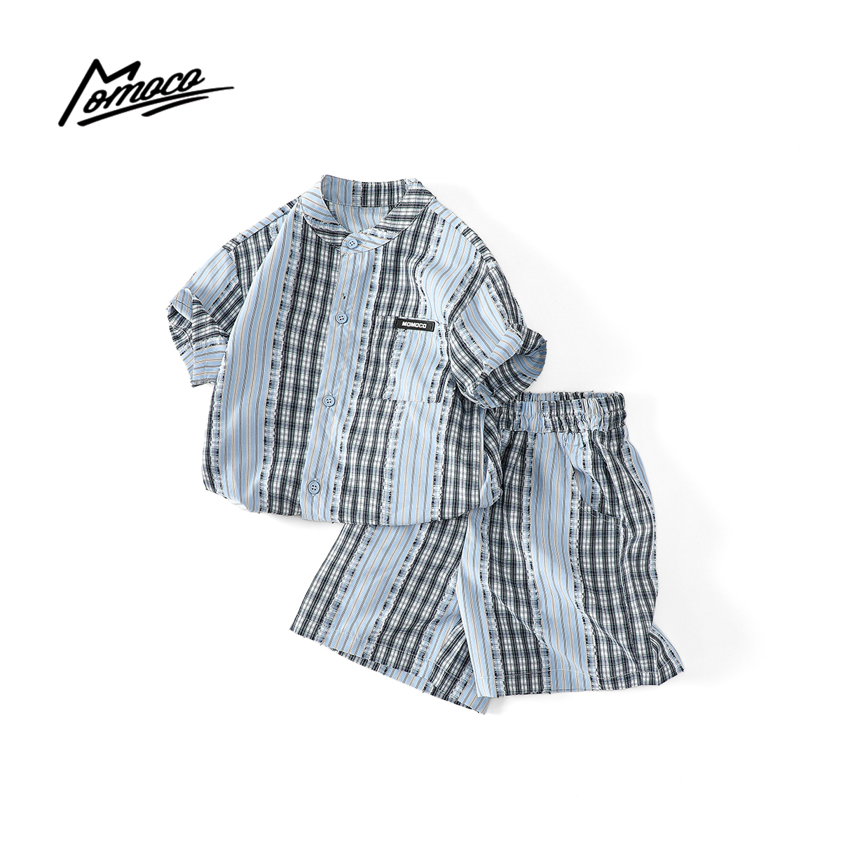 MOMOCO夏季条纹休闲宝宝格子韩版衬衫套装洋气两件套77230578301