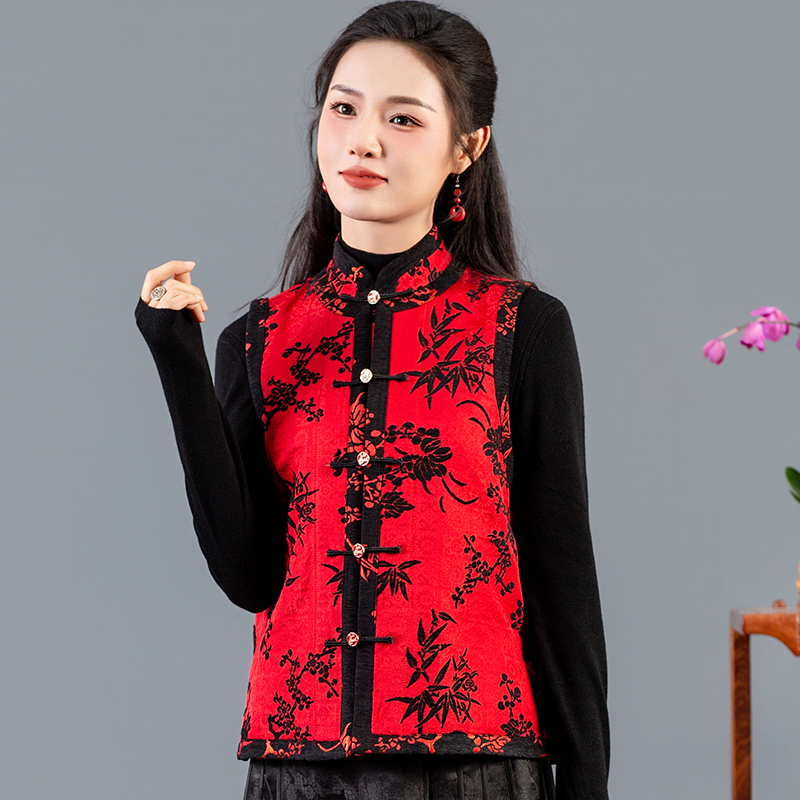 华族经典【250932T】桑蚕丝手工章绒梅兰竹菊对襟立领复古气质马夹