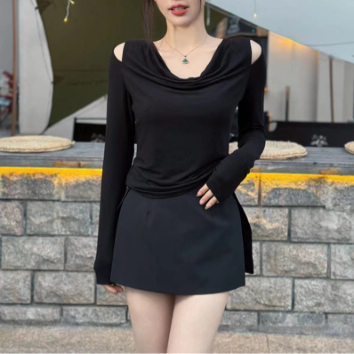 主推款设计师品牌 乔齐高端黑色中空超轻假两件短裤