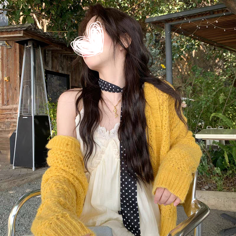 夏季重工刺绣V领吊带小衫黄色针织长袖开衫外套气质小众两件套装
