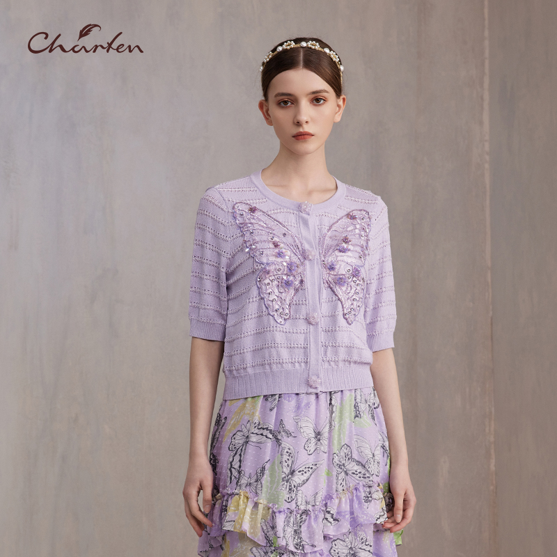 【诗语专属】朝峰秋季新款气质短袖蝴蝶开衫毛织上衣CFE3C131-1086C