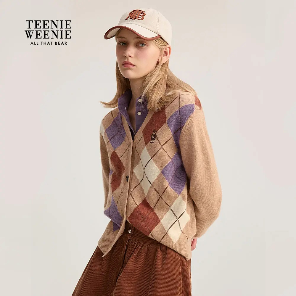 TeenieWeenie小熊女装毛针织衫2025秋菱形格V领开衫女TTCK254901P
