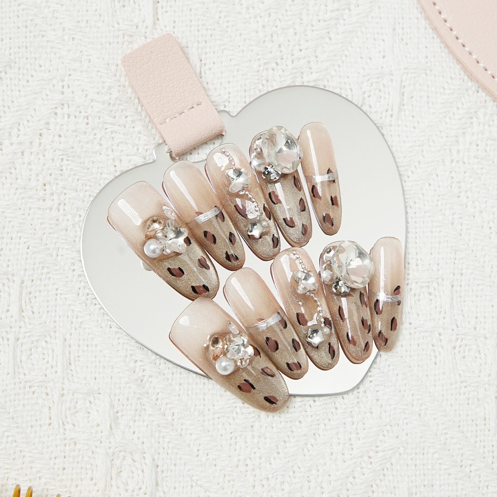 【甜辣豹纹】穿戴甲纯手作新款跨境电钻爆闪美甲长款可拆卸甲片