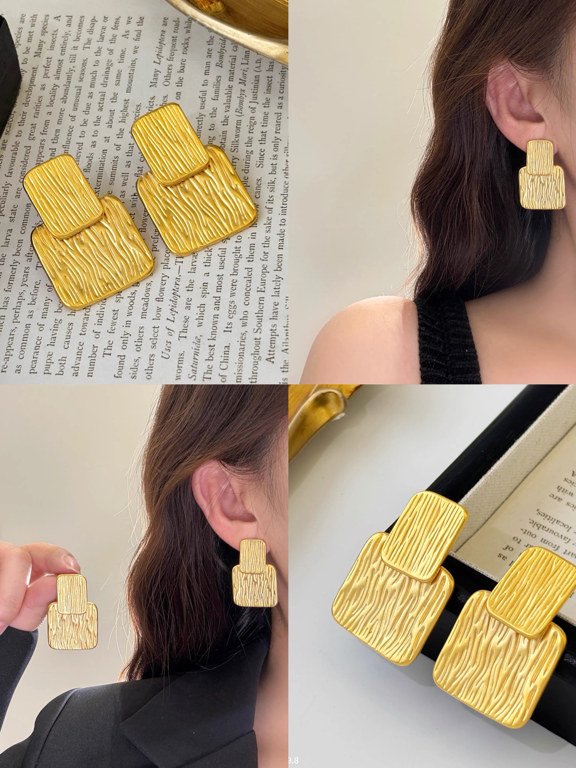 合金耳饰 欧美风金属质感几何方形耳环女小众冷淡风气质百搭耳饰