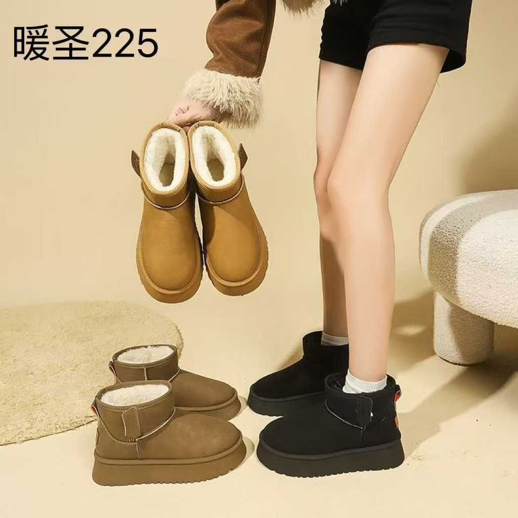 225  修面皮防滑中跟侧拉链时尚雪地靴短筒加绒皮毛一体