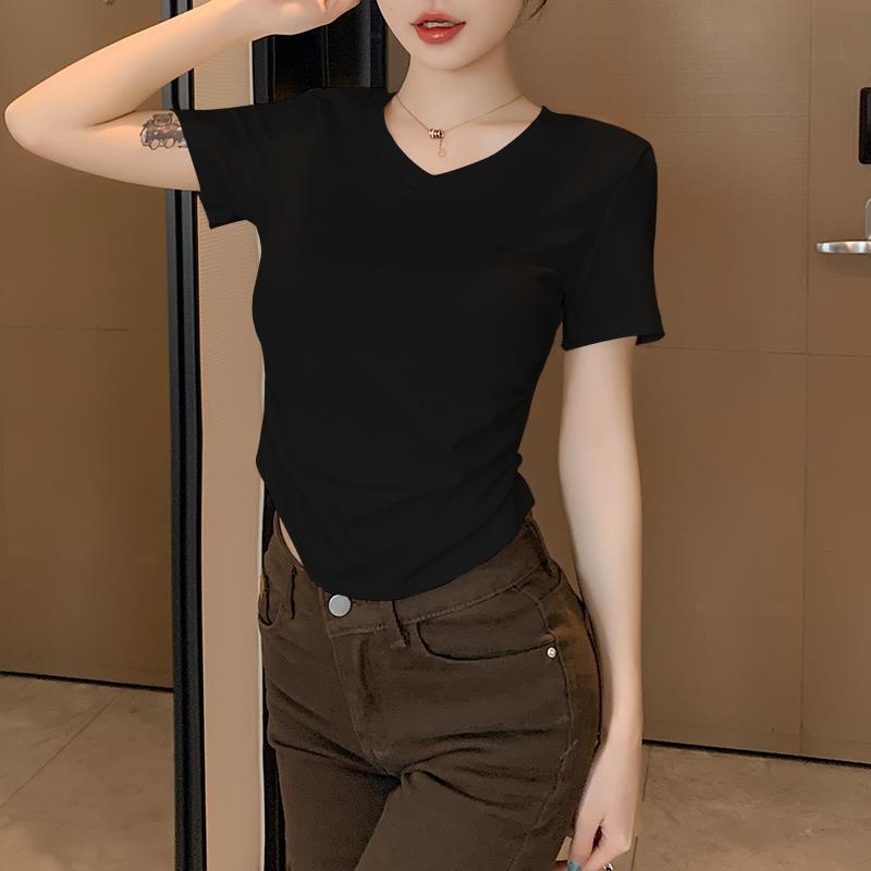 螺纹V领短袖t恤女夏季新款弧形下摆小众设计感体恤修身显瘦上衣潮