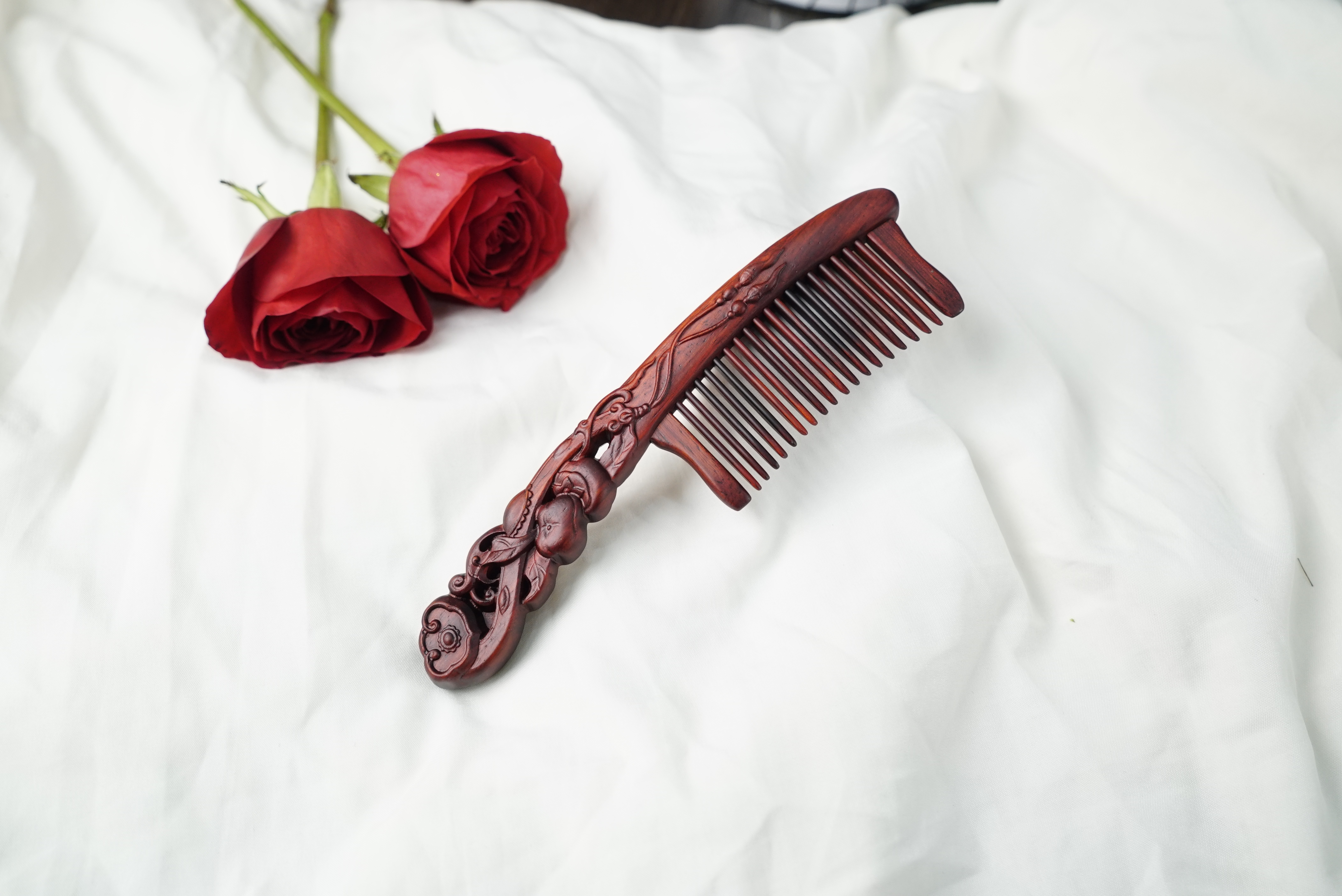 柿柿如意紫檀双面雕花手工插齿手柄古风檀木梳送人自用可刻字定制