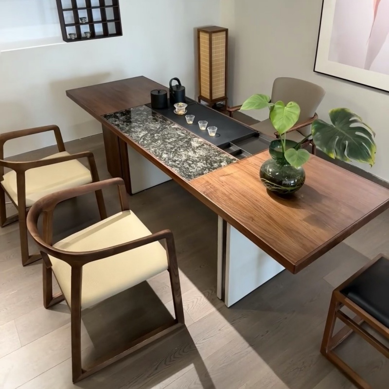 新中式岩板茶桌2025新款高端北美黑胡桃木办公室家用实木泡茶桌