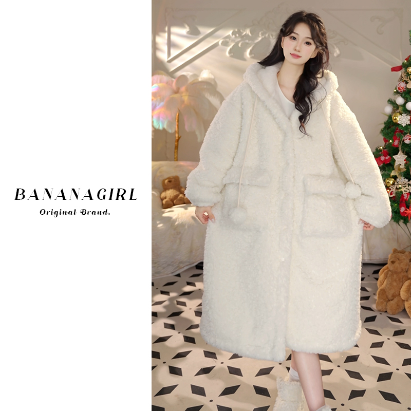 香蕉女孩【白日美人】睡衣女秋冬长款连帽睡袍速暖加绒加厚家居服