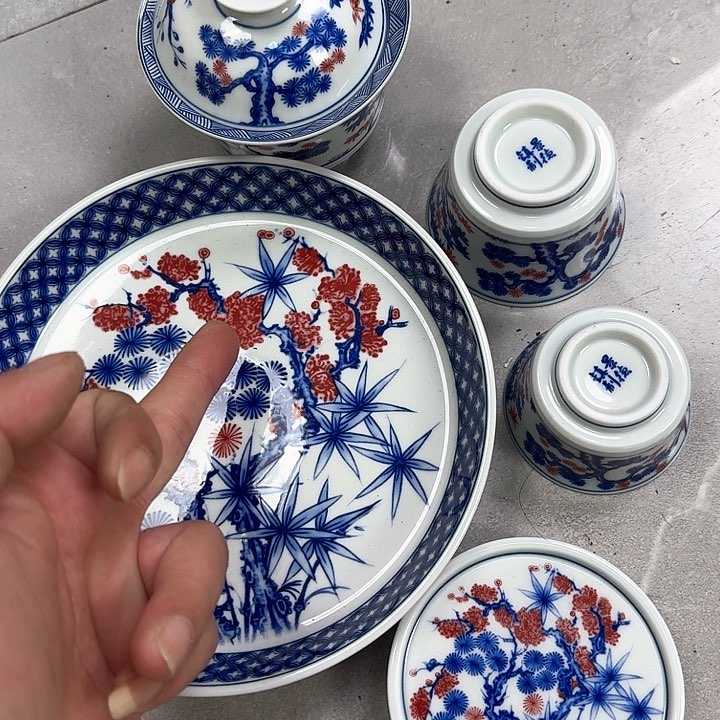 瓷片釉里红松竹梅5件套景德镇