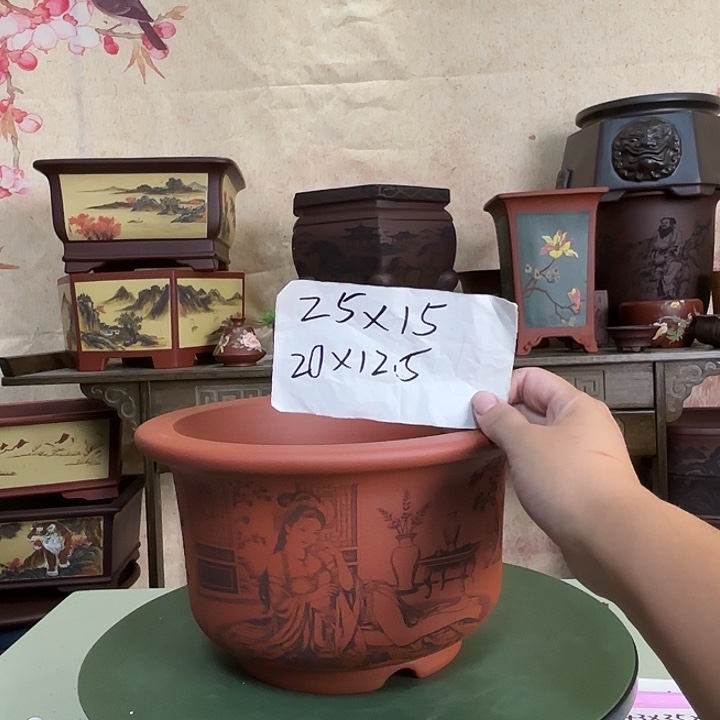 花盆紫砂刻绘国色天香