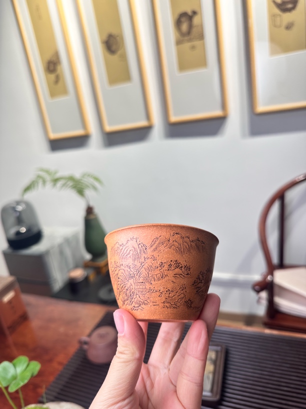 山水满刻 紫砂主人杯