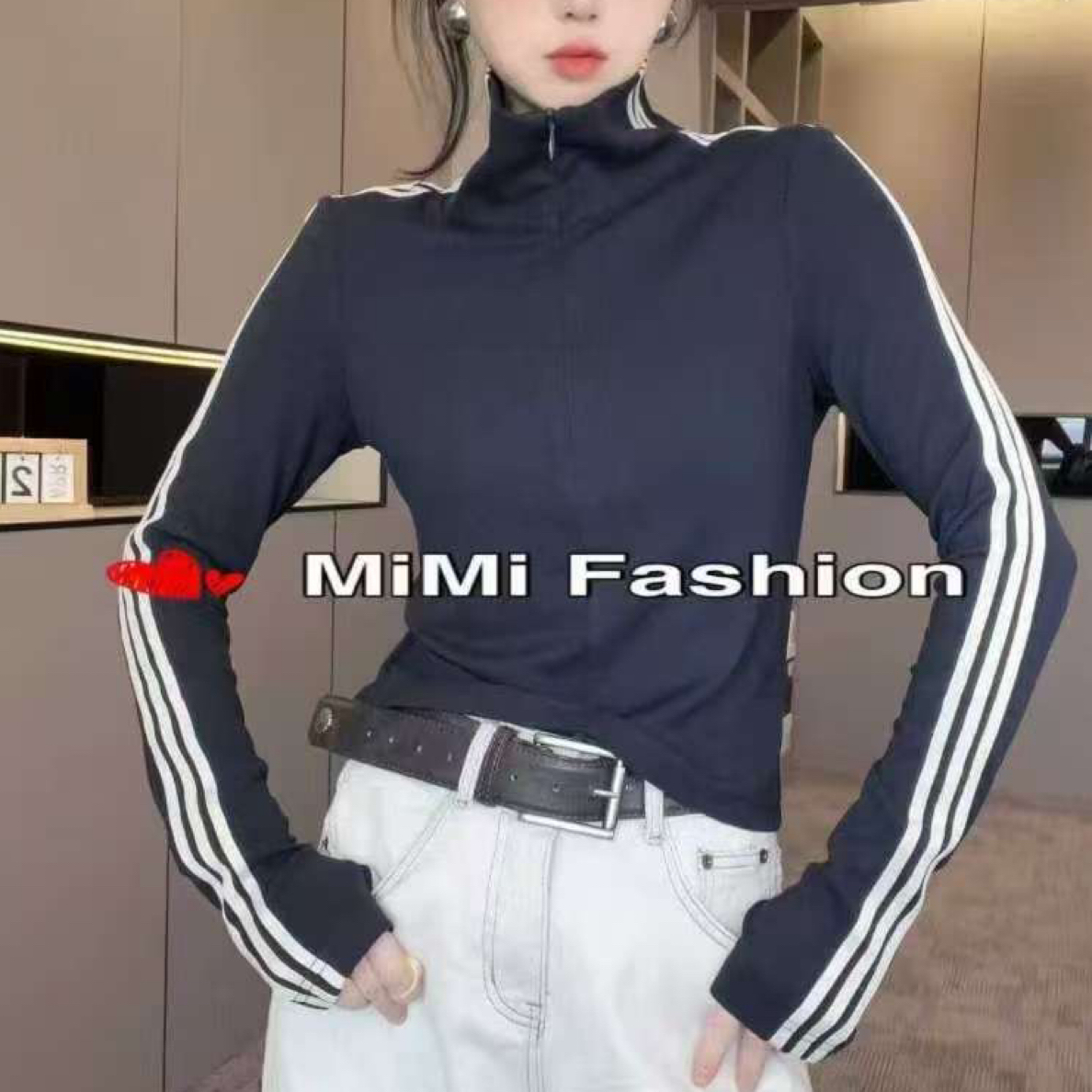 【宥金】长袖修身型高领立领极简风T恤撞色条纹