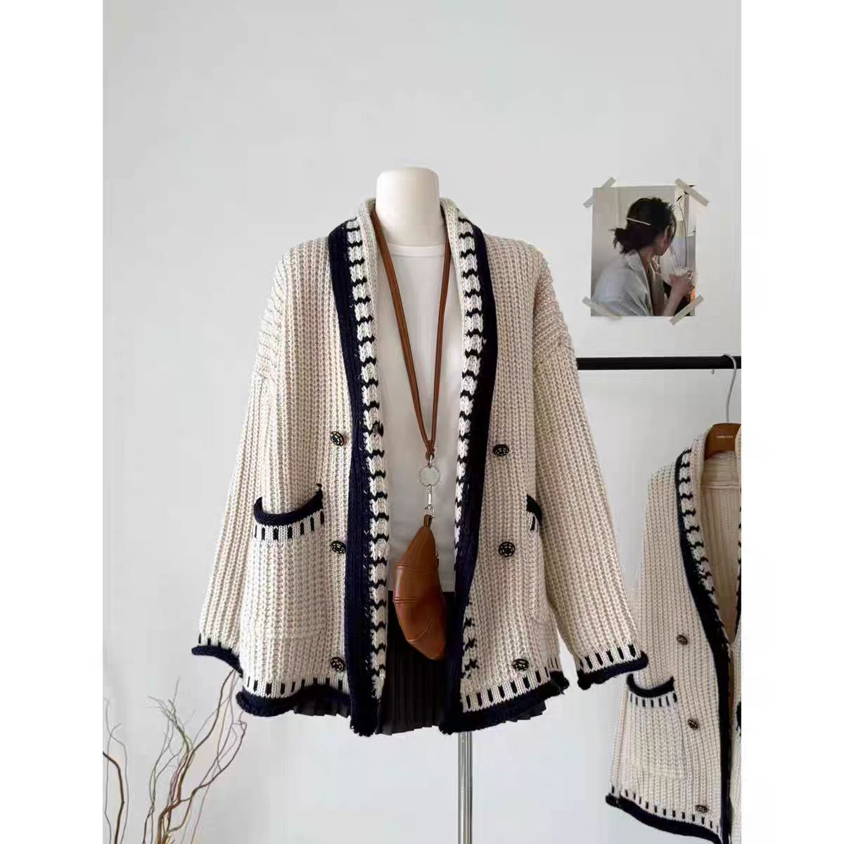 【简雅撞色】新品宽松慵懒风厚实重工设计针织开衫.D2196