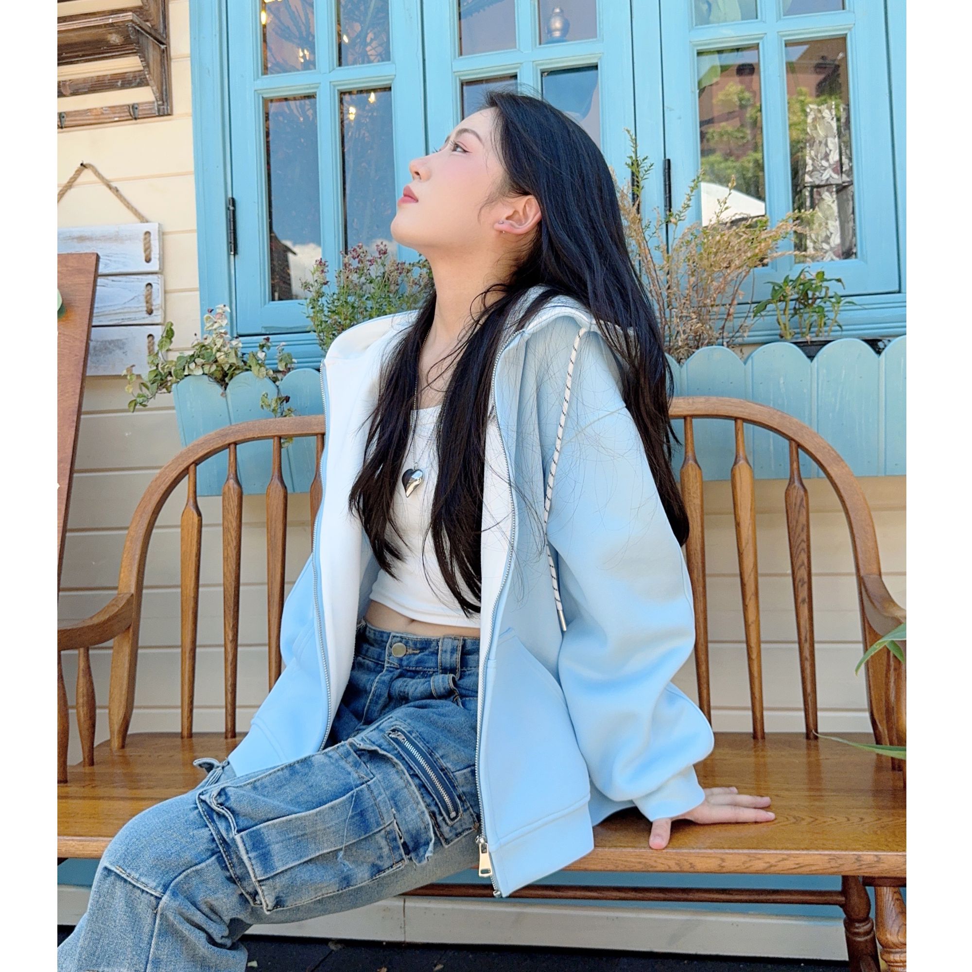 美式早秋宽松外套女款秋2025新款流行百搭拼色连帽开衫卫衣加厚