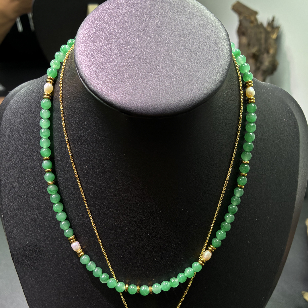 天然非洲翠绿色5mm项链（淡水珍珠+钛钢）