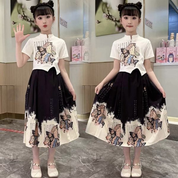 新中式汉服女大童春季马面裙套装2025新款儿童古装唐装国潮两件套