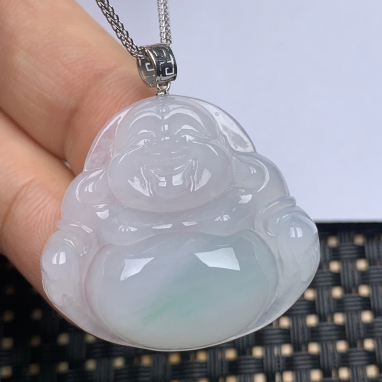 缅甸天然翡翠A货，冰种漂绿佛公，裸石尺寸30-32.7-7.4