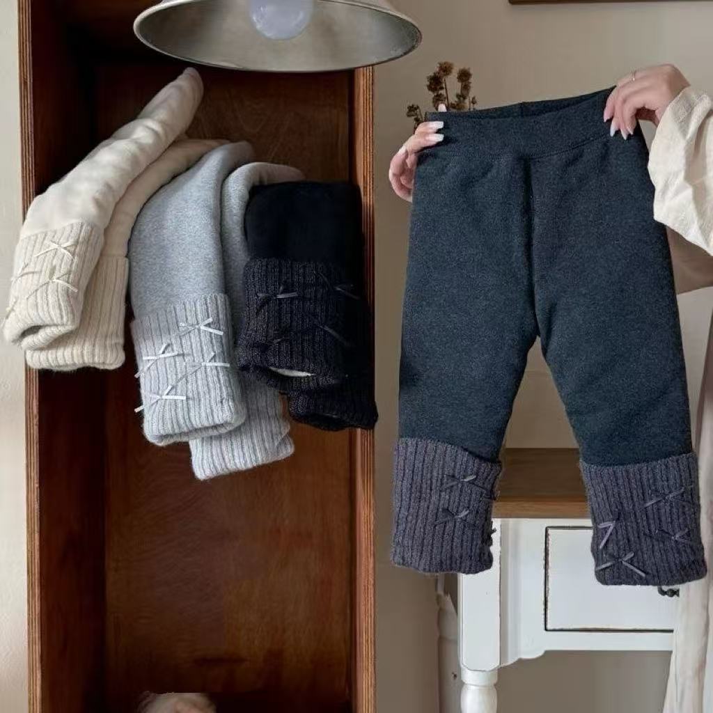 女童三层夹棉打底裤冬季新款宝宝抗寒加厚蝴蝶结堆堆弹力长裤外穿