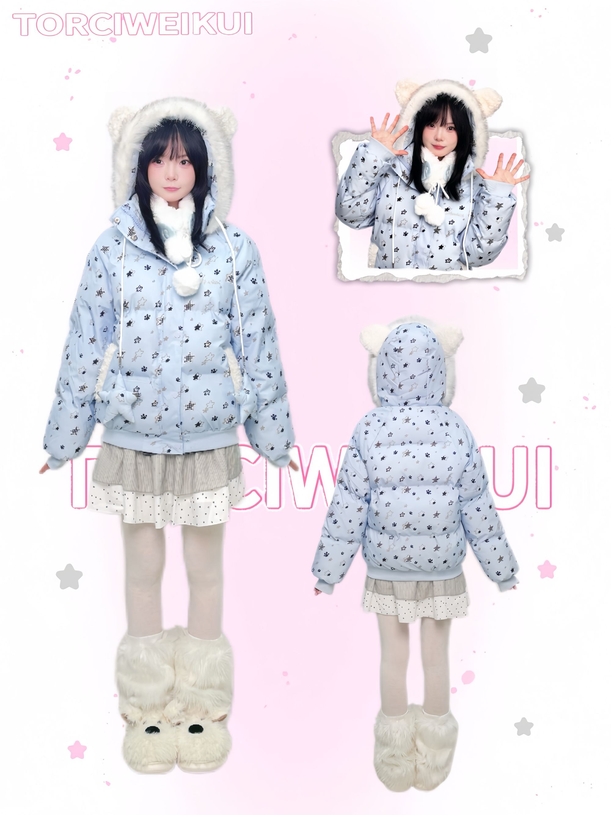 【水曜日物语】卡通宽松棉服女星星冬款保暖连帽满印免烫棉衣加厚