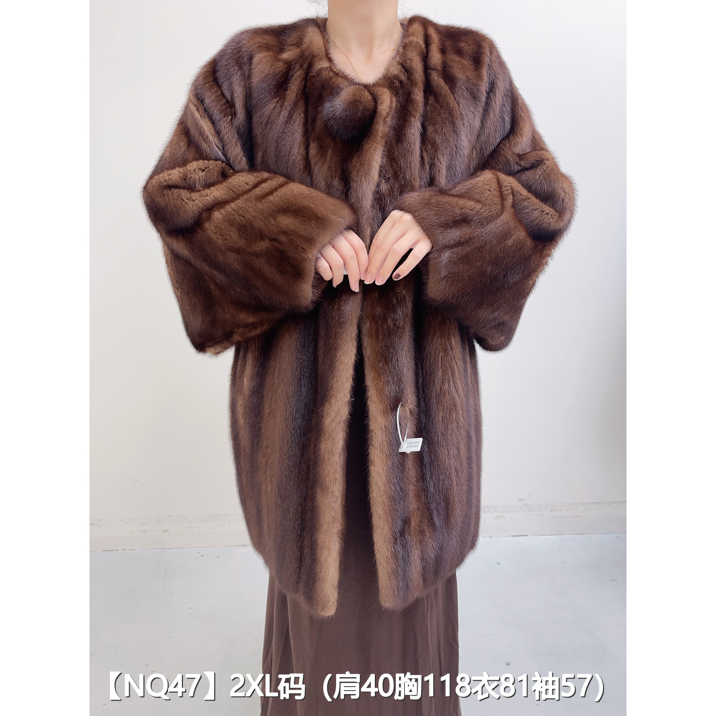 【NQ47】2XL 焦糖棕中长款全抽水貂毛大衣女 圆领蝙蝠袖 15047