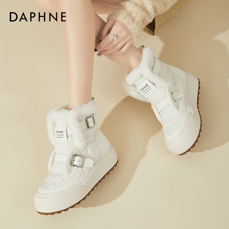 Daphne/达芙妮毛毛保暖雪地靴女冬季厚底时尚加绒棉靴短筒马丁靴