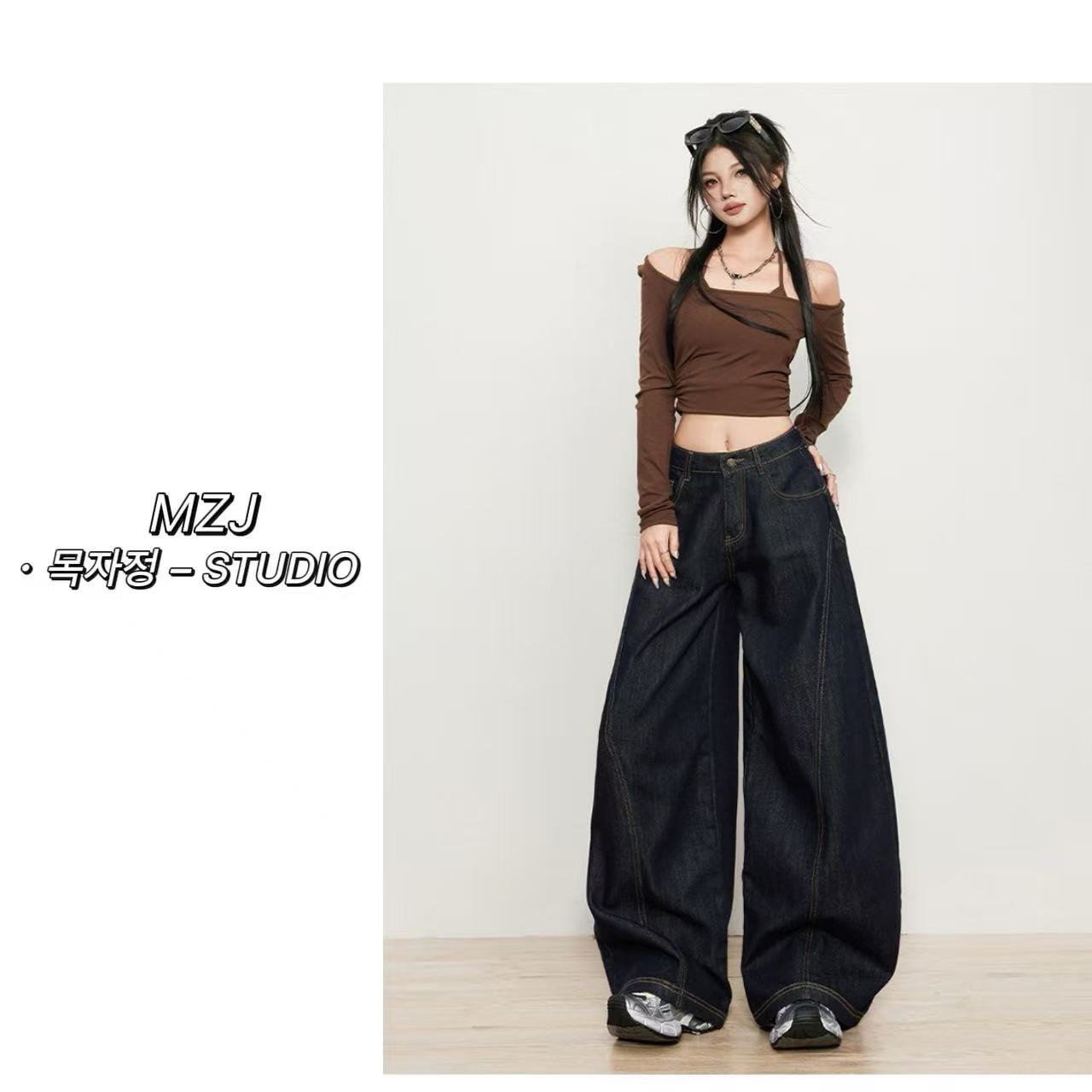 木子静-「美式街头」宽松遮肉廓形弯刀牛仔裤女秋季新款-718-61-K