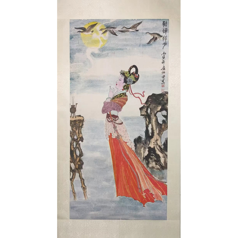 F07  《貂蝉拜月图》房师田  93x46cm  纸本镜片