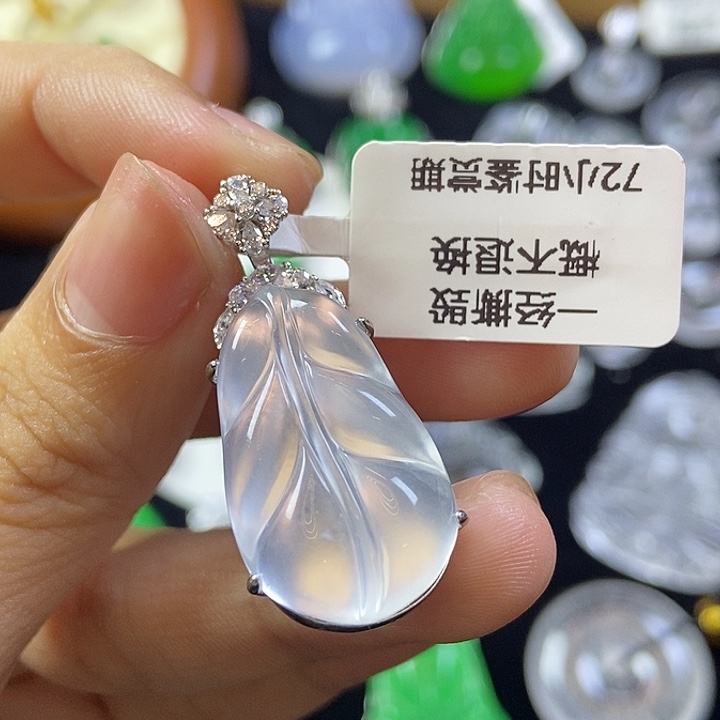 石英质玉银S925镶嵌颈饰叶子吊坠万能扣