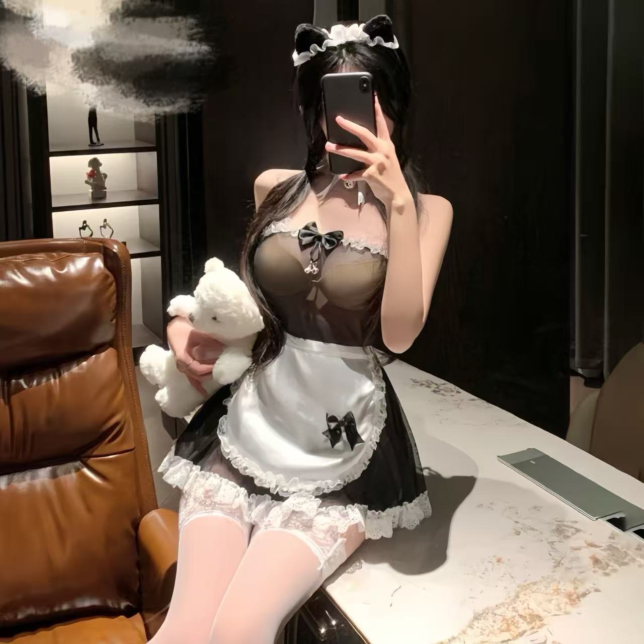 俏皮花边蕾丝乖巧透纱抹胸连衣裙套装纯欲睡裙女