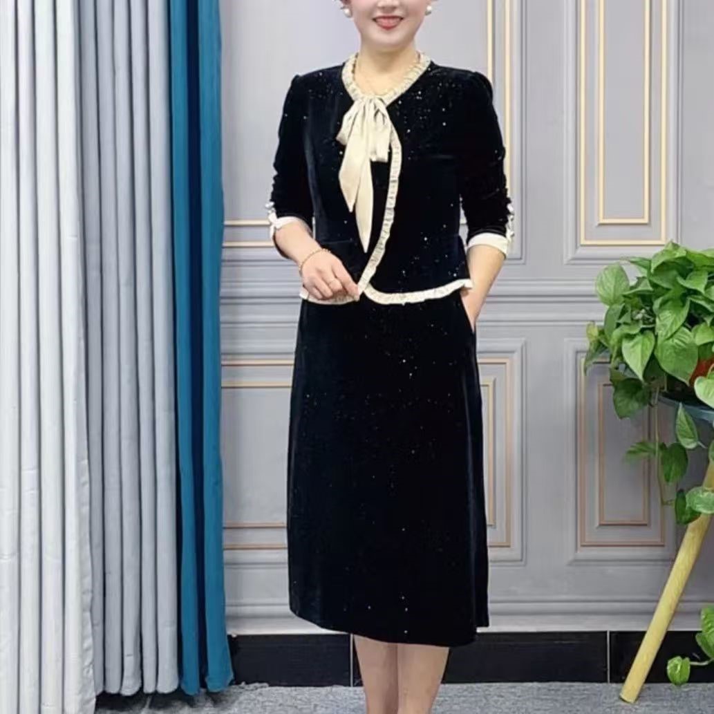 时尚妈妈假两件修身显瘦高贵丝绒洋气中老年女装连衣裙春装新款