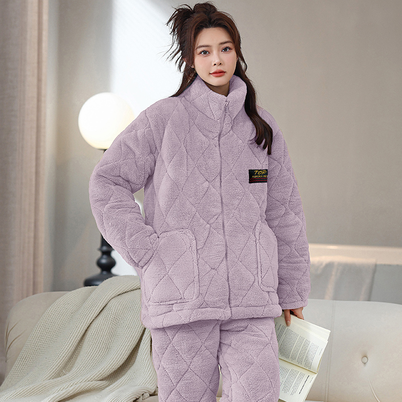 睡衣女2025冬季新款加绒加厚三层夹棉保暖大码宽松棉袄家居服套装