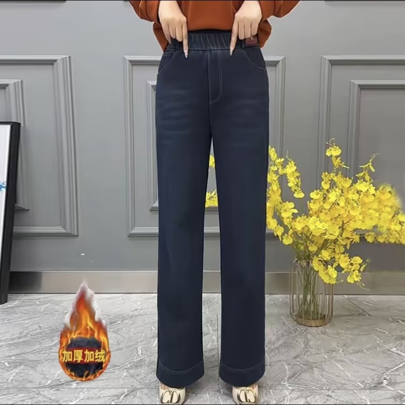 冬季新款加绒保暖时尚百搭休闲妈妈装显瘦系带软牛仔修身牛仔裤