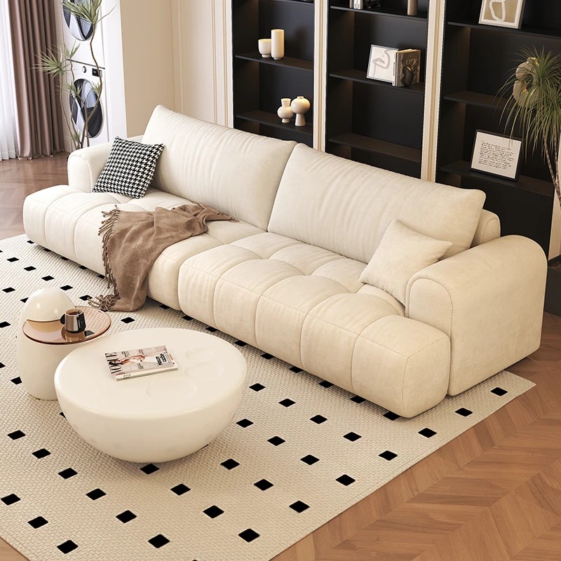 暖白色奶油风猫抓布艺沙发大小户型家用客厅现代简约泡芙直排沙发