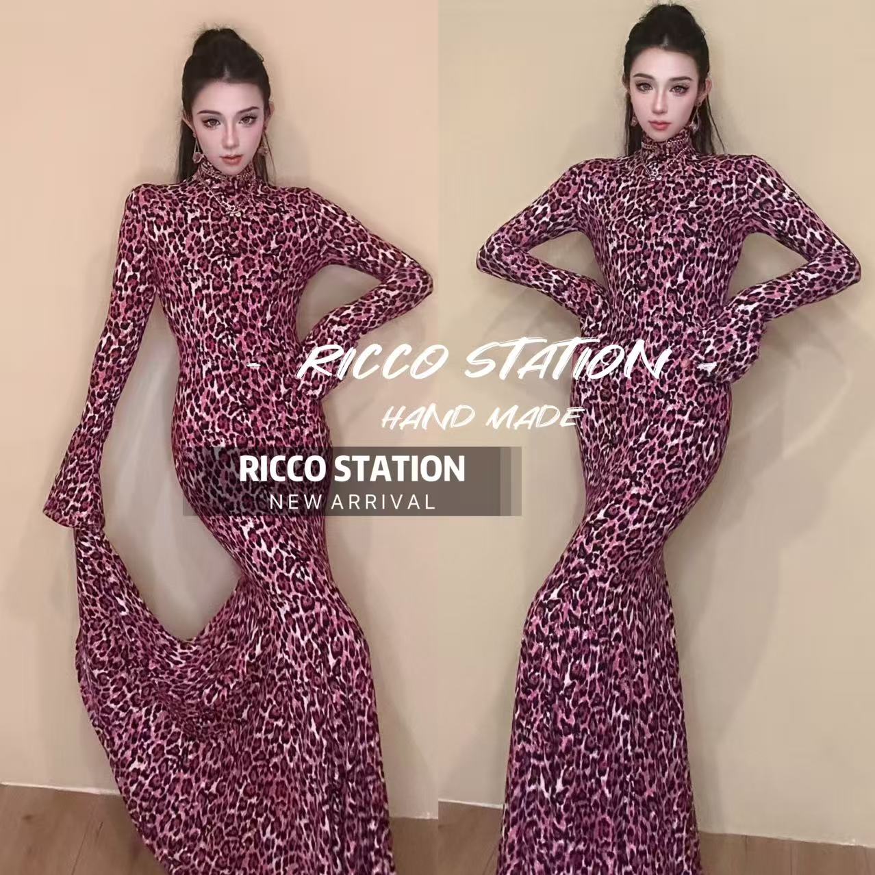 陈腰精CC设计师款重工粉色豹纹高弹力长款连衣裙轻奢风名媛风网红