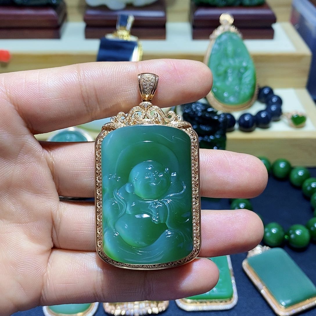 【闪购商品】和田玉（碧玉）吊坠(不含链)18K金镶嵌沧*