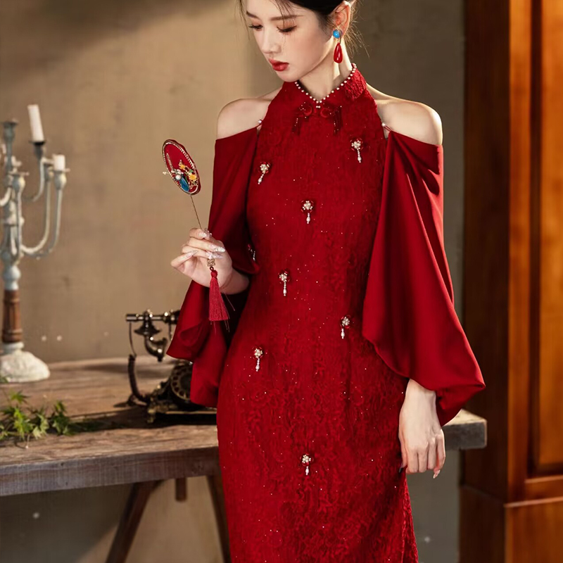 晨袍新娘高级新中式红色旗袍披肩露背出阁回门服订婚敬酒服连衣裙