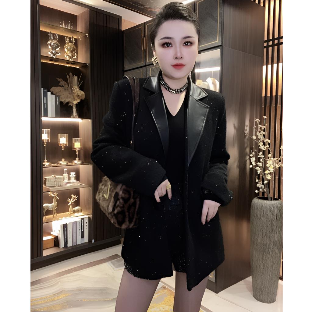 高端加厚女装轻奢气质外套重工时尚显瘦西装款秋冬棉衣拼接黑色