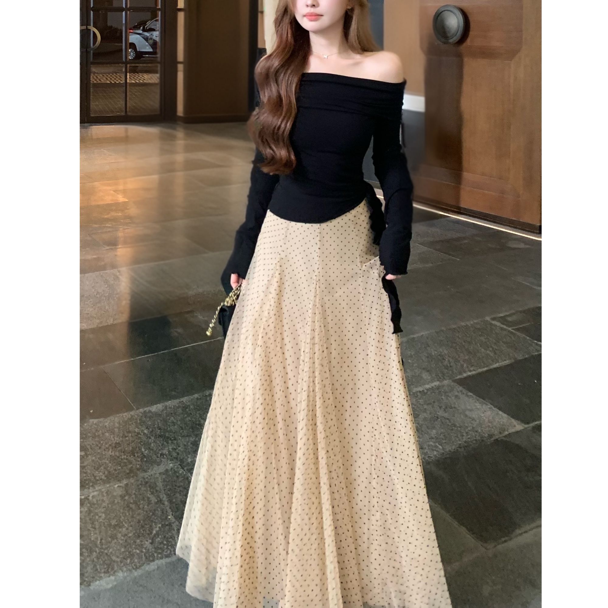 SZA【巴黎旧梦】秋季新款高级感波点网纱气质高腰半身裙A-2287