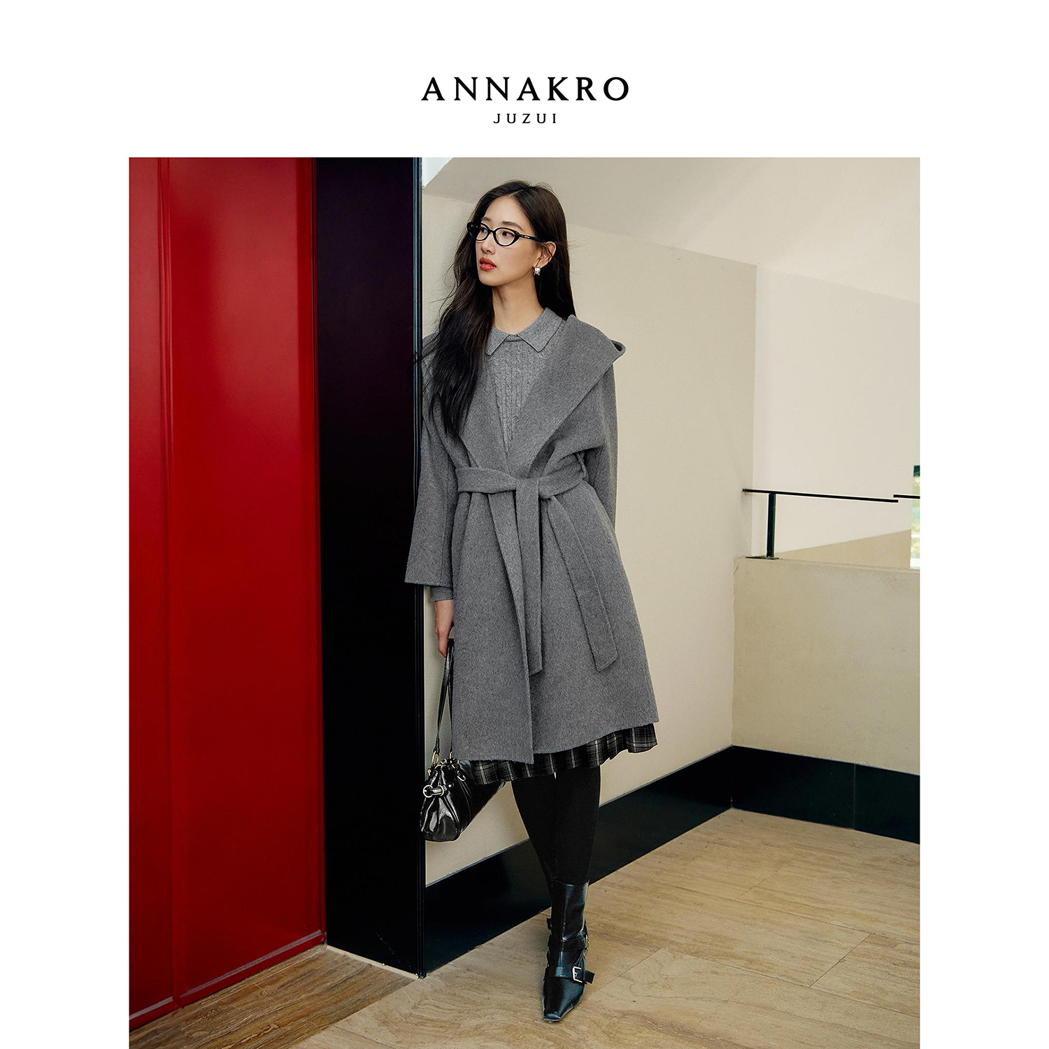 【丽公主专属】玖姿·安娜蔻KWFD72108迪木尔风连帽羊毛2025冬