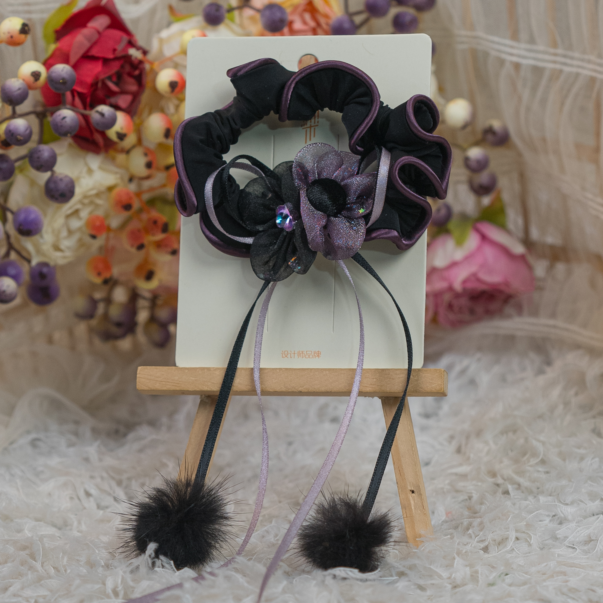 饰阿梁4408 库洛米肠圈紫黑色花朵儿童头饰女童汉服发饰日常可爱
