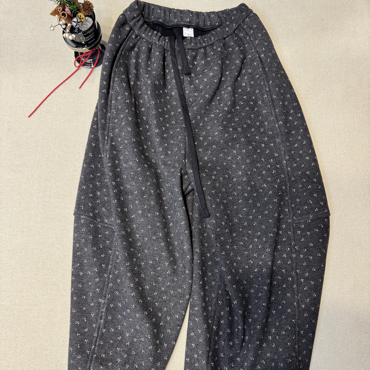 秋冬新款加厚碎花阔腿慵懒百搭休闲呢子裤松紧腰