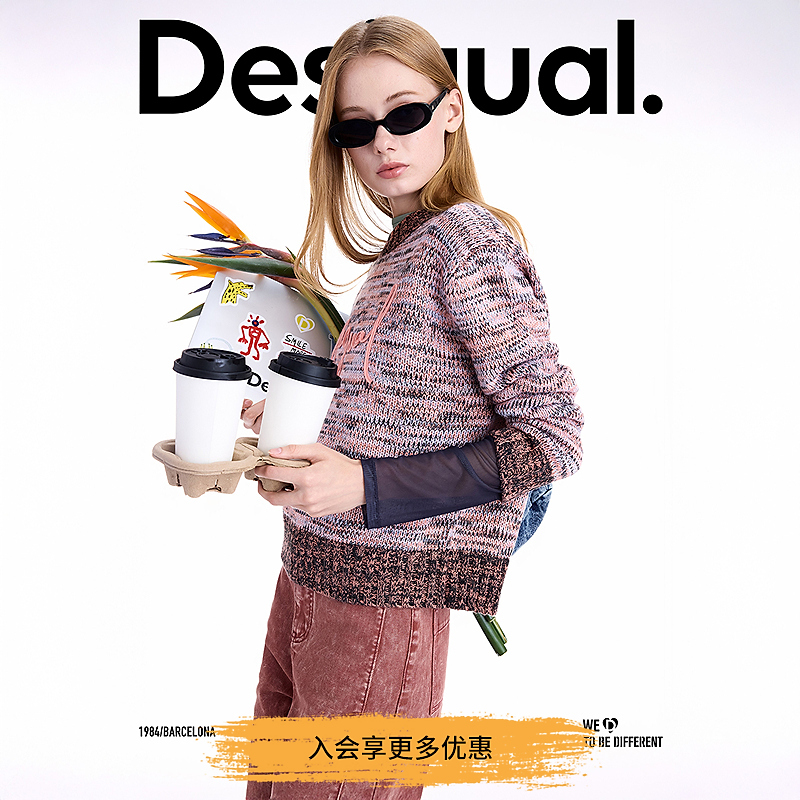 Desigual25秋冬新品宽松多色混纱盘带绣logo圆领套头长袖女针织衫