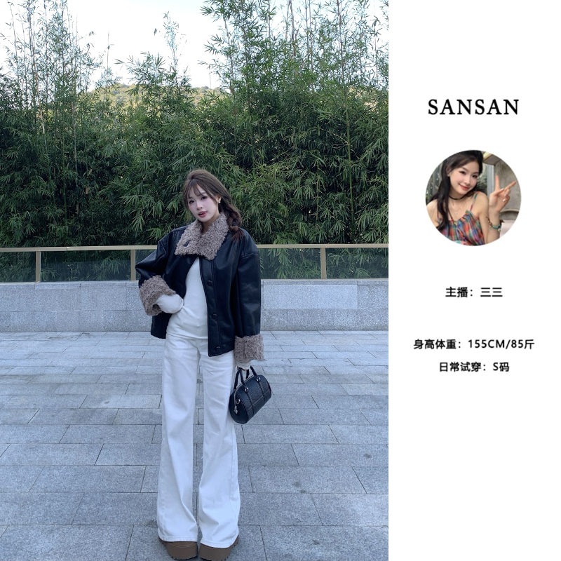 【三三】（日杂感）撞色翻领外套女秋冬设计感宽松落肩慵懒机车风皮衣