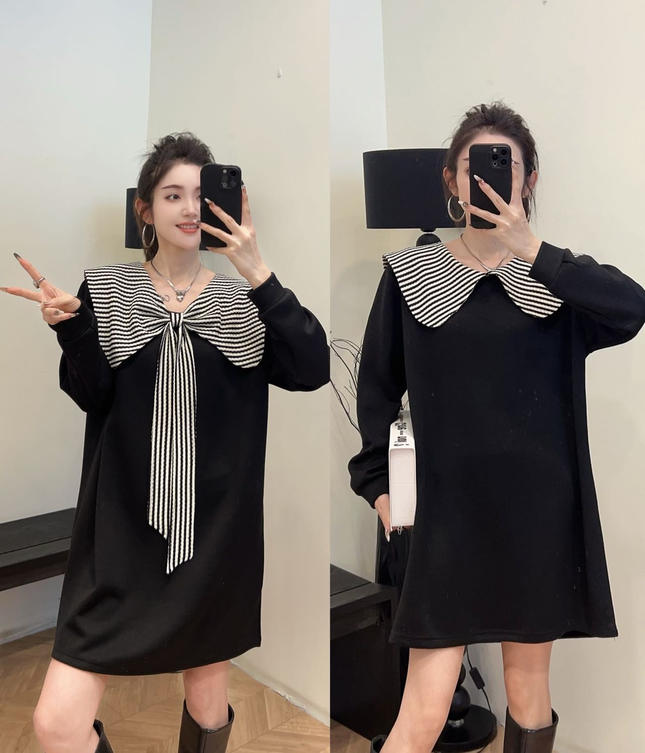 《双面穿》百搭宽松腰H型高弹力拼接大码女装长袖大码连衣裙