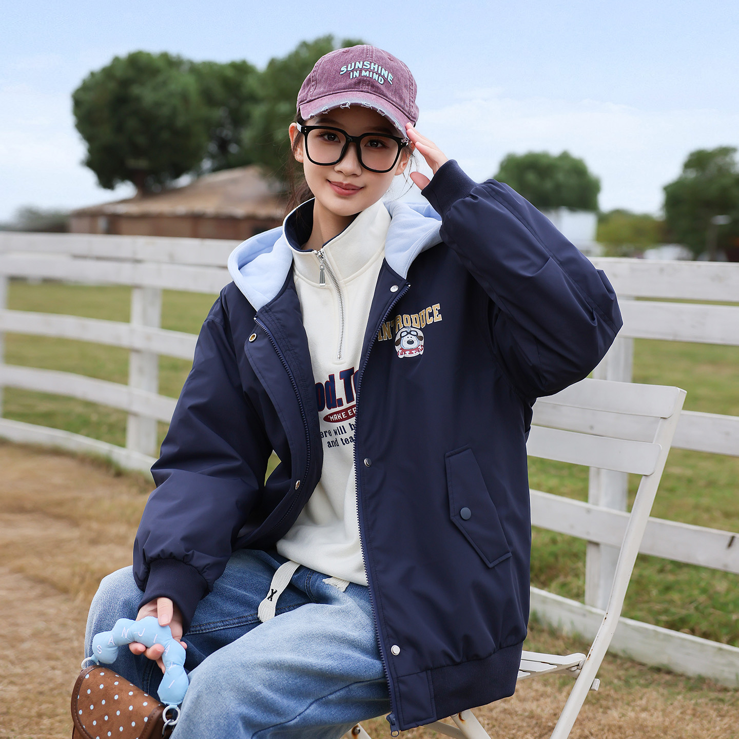 学生款冬季宽松加绒加厚款工装连帽外套休闲