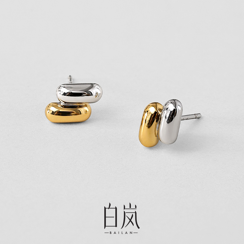 925银耳饰 白岚双色耳钉女S925银新款潮轻奢气质百搭耳饰ED3348